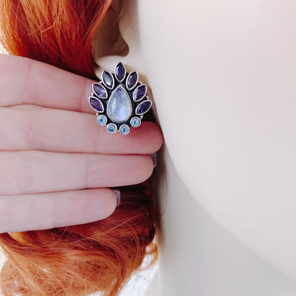 Nicky Butler Sterling Rainbow Moonstone Iolite Topaz Teardrop Clip On Earrings - Picture 4 of 15